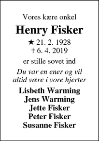 Dødsannoncen for Henry Fisker - Lillerød