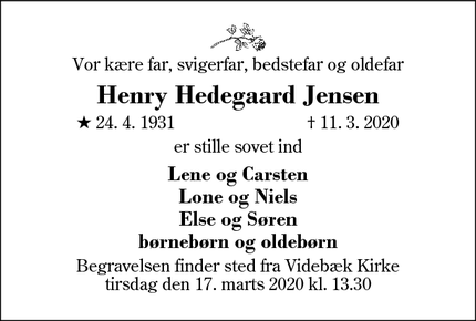 Dødsannoncen for Henry Hedegaard Jensen - Videbæk