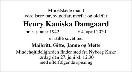 Dødsannoncen for Henry Kaniska Damgaard - Nyborg