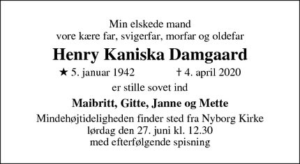 Dødsannoncen for Henry Kaniska Damgaard - Nyborg