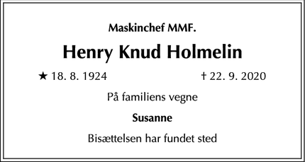 Dødsannoncen for Henry Knud Holmelin - Dragør