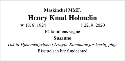 Dødsannoncen for Henry Knud Holmelin - Dragør