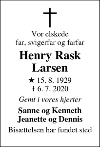 Dødsannoncen for Henry Rask Larsen - Skælskør