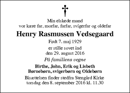 Dødsannoncen for Henry Rasmussen Vedsegaard - Kongens Lyngby