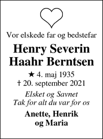 Dødsannoncen for Henry Severin
Haahr Berntsen - Esbjerg