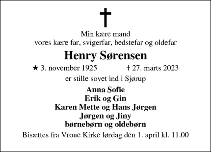 Dødsannoncen for Henry Sørensen - sjørup