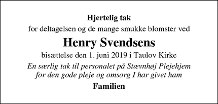 Dødsannoncen for Henry Svendsens - Taulov