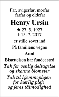 Dødsannoncen for Henry Ursin - Slagelse