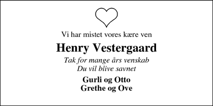 Dødsannoncen for Henry Vestergaard - Ikast
