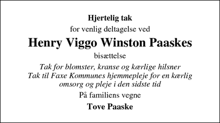 Taksigelsen for Henry Viggo Winston Paaske - Karise