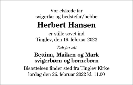 Dødsannoncen for Herbert Hansen - Varde