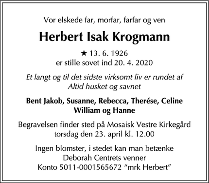 Dødsannoncen for Herbert Isak Krogmann - København 