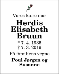 Dødsannoncen for Herdis Elisabeth Bruun - Øsløs