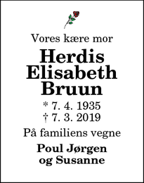 Dødsannoncen for Herdis Elisabeth Bruun - Øsløs