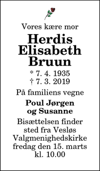 Dødsannoncen for Herdis Elisabeth Bruun - Øsløs