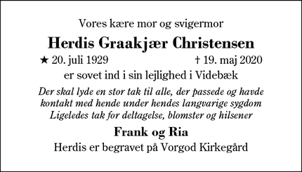 Dødsannoncen for Herdis Graakjær Christensen - Herning