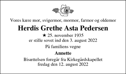 Dødsannoncen for Herdis Grethe Asta Pedersen - Odense