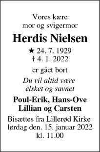 Dødsannoncen for Herdis Nielsen - Hillerød