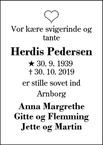 Dødsannoncen for Herdis Pedersen - Arnborg