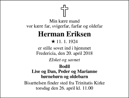 Dødsannoncen for Herman Eriksen - Fredericia