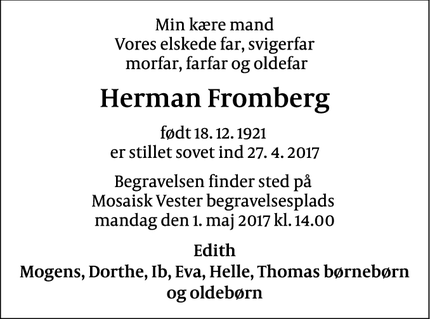 Dødsannoncen for Herman Fromberg - København Ø