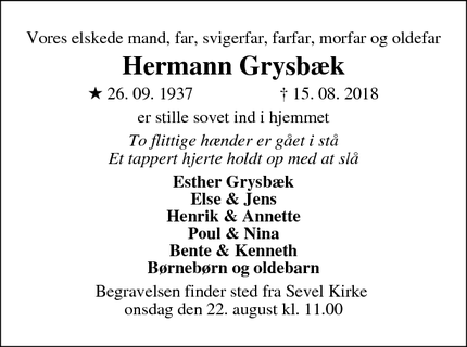 Dødsannoncen for Hermann Grysbæk - Sevel