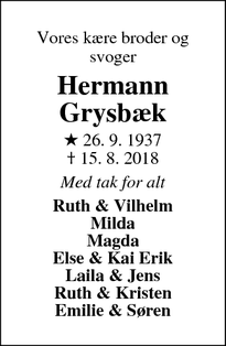 Dødsannoncen for Hermann Grysbæk - Sevel