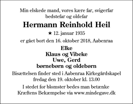 Dødsannoncen for Hermann Reinhold Heil - Aabenraa