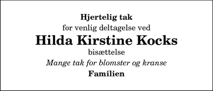 Taksigelsen for Hilda Kirstine Kocks - Tårs