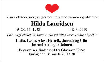 Dødsannoncen for Hilda Lauridsen - Gladsaxe