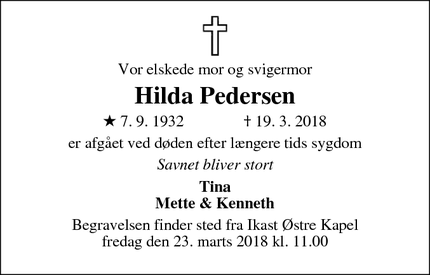 Dødsannoncen for Hilda Pedersen - Ikast