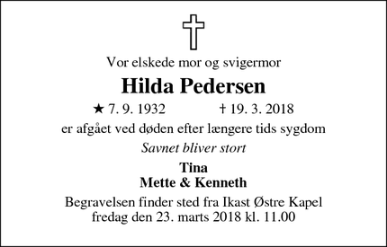 Dødsannoncen for Hilda Pedersen - Ikast