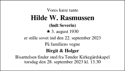 Dødsannoncen for Hilde W. Rasmussen - Tønder