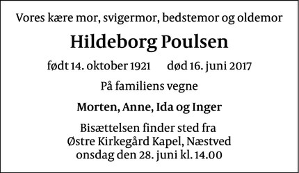 Dødsannoncen for Hildeborg Poulsen - Herlufmagle