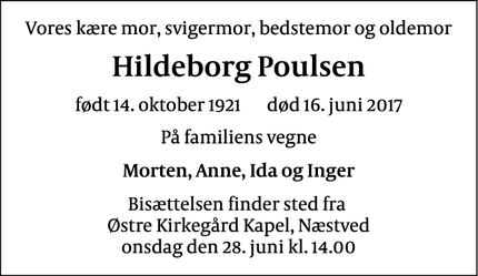 Dødsannoncen for Hildeborg Poulsen - Herlufmagle