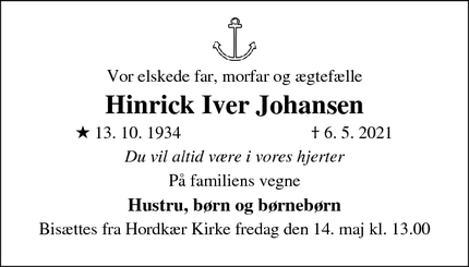 Dødsannoncen for Hinrick Iver Johansen - Rødekro