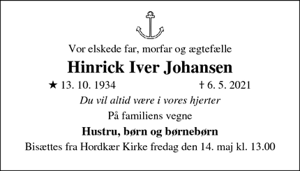 Dødsannoncen for Hinrick Iver Johansen - Rødekro
