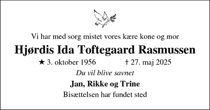 Dødsannoncen for Hjørdis Ida Toftegaard Rasmussen - Albertslund