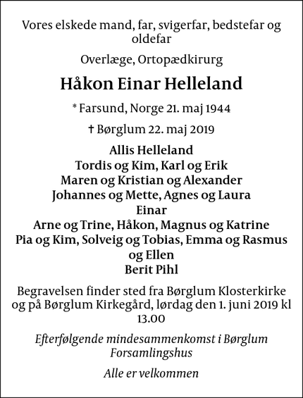 Dødsannoncen for Håkon Einar Helleland - Børglum