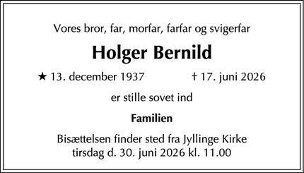 Dødsannoncen for Holger Bernild - Vanløse
