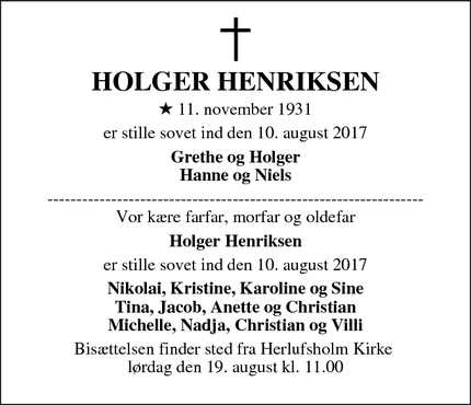 Dødsannoncen for HOLGER HENRIKSEN - Næstved
