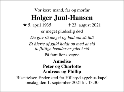 Dødsannoncen for Holger Juul-Hansen - Helsinge