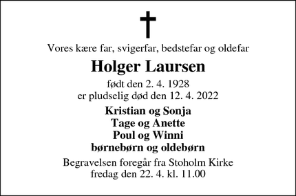 Dødsannoncen for Holger Laursen - Stoholm Jyll
