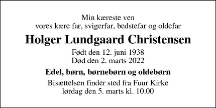Dødsannoncen for Holger Lundgaard Christensen - Fuur
