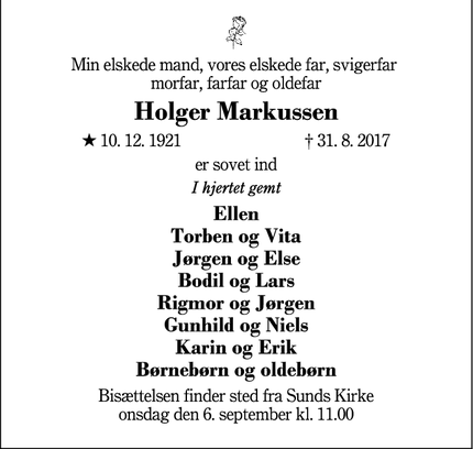 Dødsannoncen for Holger Markussen - Sunds