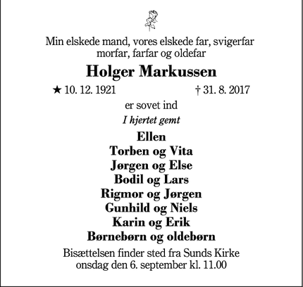 Dødsannoncen for Holger Markussen - Sunds