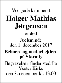 Dødsannoncen for Holger Mathias Jørgensen - Juelsminde