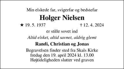 Dødsannoncen for Holger Nielsen - Skals