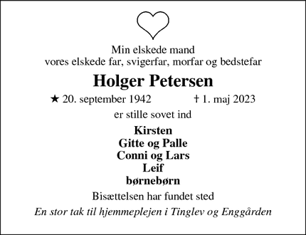 Dødsannoncen for Holger Petersen - Tinglev