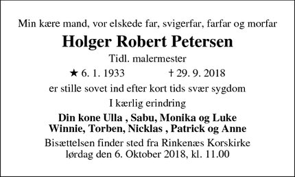 Dødsannoncen for Holger Robert Petersen - Gråsten